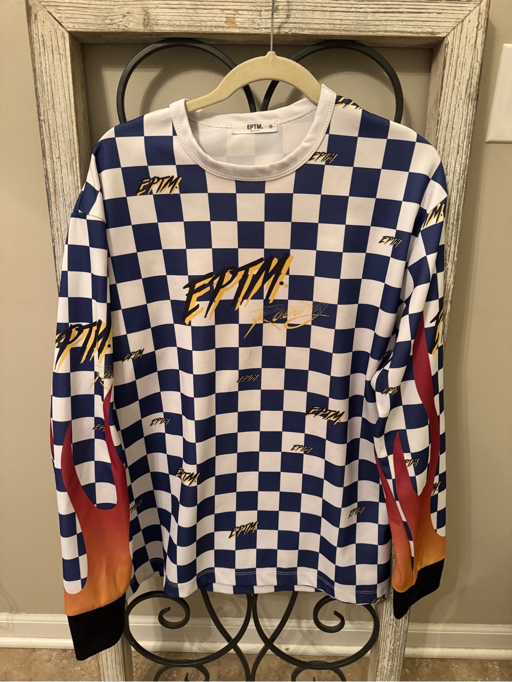 EPTM Flame Checkerboard Racing Moto Y2K Long Sleeve Graphic Shirt USA M
